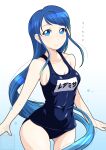  1girl blue_background blue_eyes blue_hair blue_one-piece_swimsuit blush breasts collarbone covered_navel cowboy_shot gradient_background highres ichijou_takakiyo kantai_collection long_hair looking_at_viewer name_tag old_school_swimsuit one-piece_swimsuit samidare_(kancolle) school_swimsuit small_breasts smile solo swimsuit very_long_hair 