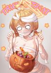  1girl ahoge blonde_hair blue_archive braid breasts cleavage collarbone elanphant grey_background hair_between_eyes halloween halloween_costume halo highres kotori_(blue_archive) large_breasts long_hair mummy_costume o_o short_twintails solo star_(symbol) trick_or_treat twintails upper_body yellow_halo 