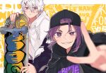  2boys backwards_hat baseball_cap black_eyes black_headwear black_hoodie blue_lock cowboy_shot grin hair_ornament hairclip hand_up hat holding holding_skateboard hood hood_down hoodie long_sleeves male_focus mikage_reo multiple_boys nagi_seishirou nokcha26 purple_eyes purple_hair short_hair skateboard smile standing teeth v v-shaped_eyebrows white_hair white_hoodie yellow_background 