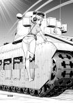  1girl ass barefoot butt_crack cecilia_glinda_miles contrail dan_kanemitsu greyscale hat highres military_hat military_uniform military_vehicle monochrome motor_vehicle outdoors panties sky tank underwear uniform witches_of_africa world_witches_series 
