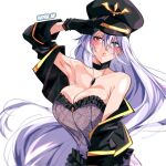  1girl artist_name bare_shoulders black_choker black_gemstone black_gloves black_headwear black_jacket black_lobelia blush breasts choker cleavage dress gloves hair_between_eyes hat heterochromia highres indra_ad jacket kitagawa_marin large_breasts long_hair military_hat off_shoulder peaked_cap salute solo sono_bisque_doll_wa_koi_wo_suru strapless strapless_dress upper_body very_long_hair white_background 