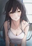  1girl black_hair blush breasts c_yorimo camisole cleavage collarbone highres idolmaster idolmaster_shiny_colors indoors leaning_forward long_hair looking_at_viewer medium_breasts parted_lips shirase_sakuya solo straight_hair strap_slip very_long_hair white_camisole yellow_eyes 