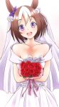  1girl animal_ears bouquet bridal_veil brown_hair dr_rex dress flower holding holding_bouquet horse_ears horse_girl multicolored_hair purple_eyes purple_ribbon ribbon rose short_hair smile special_week_(umamusume) two-tone_hair umamusume veil voice_actor_connection waki_azumi wedding wedding_dress 