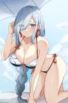  1girl bare_arms bare_shoulders bikini blue_eyes braid breasts cleavage commentary genshin_impact grey_hair hair_over_one_eye hand_up highres kneeling large_breasts long_hair looking_at_viewer morimiya_(mori) navel shenhe_(genshin_impact) solo stomach swimsuit thighs very_long_hair 