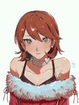  1girl bare_shoulders black_bra bra breasts brown_hair choker cleavage collarbone commentary_request earrings fur_trim grey_eyes jewelry looking_at_viewer momotamago off-shoulder_shirt off_shoulder persona persona_3 red_shirt shirt short_hair simple_background solo takeba_yukari underwear upper_body white_choker 