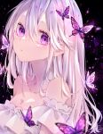  1girl bare_shoulders breasts bug butterfly detached_sleeves dress frilled_dress frills glowing_butterfly grey_hair highres long_hair looking_at_viewer luna_s210 original pink_butterfly pink_eyes purple_butterfly purple_eyes solo white_dress white_hair 