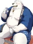  2023 absurd_res anthro asian_clothing bear belly big_belly black_nose blush bulge clothing east_asian_clothing fundoshi happi_(clothing) hi_res humanoid_hands japanese_clothing kemono male mammal moobs navel nipples noctnoc overweight overweight_male polar_bear sitting solo underwear ursine white_body white_clothing white_fundoshi white_underwear 