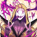  1boy character_name colored_skin colored_tongue commentary demon demon_horns fingernails heart heartsteel_rhaast highres hood hoodie horns league_of_legends looking_at_viewer male_focus official_alternate_costume purple_skin purple_tongue rhaast solo tongue tongue_out upper_body v yellow_hoodie zyrophin 