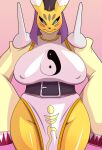  anthro bandai_namco big_breasts biped black_sclera blue_eyes breasts clothed clothing digimon digimon_(species) dipstick_ears female gradient_background hi_res huge_breasts kori-nio multicolored_ears nipple_outline simple_background solo taomon white_body yellow_body yin_yang 
