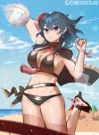  1girl artist_name beach belt bikini black_belt black_bikini black_cape black_footwear blue_eyes blue_hair blue_sky breasts byleth_(female)_(fire_emblem) byleth_(fire_emblem) cape chocojax cleavage cloud commentary day fire_emblem fire_emblem:_three_houses fire_emblem_heroes flower hair_flower hair_ornament high_heels highres large_breasts medium_hair navel official_alternate_costume outdoors red_flower sky solo stomach swimsuit thighs volleyball 