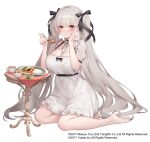  1girl azur_lane barefoot between_breasts breasts cleavage copyright_name dress eating formidable_(azur_lane) frilled_dress frills full_body grey_hair hand_on_own_cheek hand_on_own_face holding holding_spoon large_breasts long_hair looking_at_viewer necktie necktie_between_breasts puffy_short_sleeves puffy_sleeves red_eyes rice short_sleeves simple_background solo sora_72-iro spoon very_long_hair white_background white_dress 