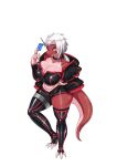  anthro big_breasts breasts choker cyberpunk eyewear female fluffy fluffy_tail goggles gpaper232 hair hi_res humanoid jewelry lizard long_tongue necklace red_body red_eyes reptile scalie solo tail tongue white_hair 