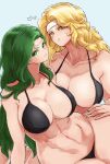  2girls annand_(fire_emblem) bare_shoulders bikini black_bikini blonde_hair breasts brigid_(fire_emblem) cleavage fire_emblem fire_emblem:_genealogy_of_the_holy_war green_eyes green_hair headband highres large_breasts long_hair midriff multiple_girls swimsuit ta_dasu_(tadasu_hayashi) thighs very_long_hair yellow_eyes 