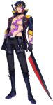  1boy abs belt black_belt black_choker black_gloves blonde_hair blue_footwear blue_hair boots choker cross-laced_footwear fang full_body gloves holding holding_sword holding_weapon jacket katagiri_hachigou lace-up_boots legs_apart male_focus multicolored_hair open_clothes open_jacket open_mouth personification pokemon seviper simple_background smile solo standing sword two-tone_hair weapon white_background 
