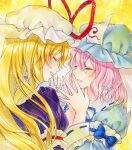  2girls alto2019 blonde_hair blue_headwear blue_kimono closed_eyes dress hat hat_ribbon highres japanese_clothes kimono long_hair marker_(medium) medium_hair mob_cap multiple_girls pink_hair purple_dress red_ribbon ribbon saigyouji_yuyuko sample_watermark smile touhou traditional_media triangular_headpiece watermark white_headwear yakumo_yukari yuri 