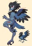  anthro anthrofied avian avian_feet beak bird chest_tuft clawed_fingers claws corvisquire feathered_wings feathers female flat_chested fluffy generation_8_pokemon hi_res nintendo pokemon pokemon_(species) simple_background solo tail_feathers toe_claws tuft waspsalad wings 