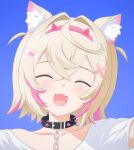  1girl :d ^_^ animal_ear_fluff animal_ears blonde_hair chain chain_leash closed_eyes collar commentary dog_ears dog_girl facing_viewer fangs gori_wakamaru highres hololive hololive_english leash mococo_abyssgard multicolored_hair open_mouth pink_hair portrait shirt short_hair short_sleeves skin_fangs smile spiked_collar spikes two-tone_hair virtual_youtuber white_shirt 