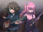  2girls :d artist_name black_pantyhose blazer blue_eyes blue_jacket blue_ribbon blush bocchi_the_rock! breasts brown_eyes brown_hair collared_shirt crossover electric_guitar gotou_hitori grey_skirt guitar hair_between_eyes hair_ornament hair_over_eyes hairclip hirasawa_yui holding holding_instrument instrument jacket k-on! large_breasts long_hair long_sleeves looking_at_viewer multiple_girls neck_ribbon one_side_up open_mouth pantyhose pink_hair pink_jacket pleated_skirt procyon ribbon sakuragaoka_high_school_uniform school_uniform shirt short_hair skirt smile teeth track_jacket upper_teeth_only watermark white_shirt winter_uniform 