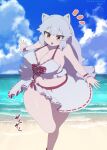  1girl :o animal_ears arctic_fox_(kemono_friends) beach breasts cleavage cloud cloudy_sky dated fox_ears fox_girl fox_tail highres kemono_friends large_breasts long_hair midriff navel nishuu_miri no_nose ocean outstretched_arms running sarong signature sky solo spread_arms tail thighs very_long_hair white_hair wrist_cuffs yellow_eyes 