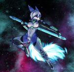  anthro clothed clothing cocyta countess_ruth female fire fire_fox flaming_tail hi_res justinnator4 justinnator_nsfw nipple_piercing nipples nude partially_clothed piercing science_fiction solo space spacesuit spread_legs spreading tail underside 