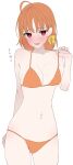  1girl absurdres adjusting_clothes adjusting_swimsuit bare_shoulders bikini blush breasts cleavage feet_out_of_frame hair_ribbon highres kawai_ritsu_(rits_meg) looking_at_viewer love_live! love_live!_sunshine!! medium_breasts navel open_mouth orange_bikini orange_hair red_eyes ribbon short_hair solo standing swimsuit takami_chika upper_body yellow_ribbon 
