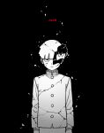  1boy :| arms_at_sides bowl_cut character_name closed_mouth cracked_skin eduroku expressionless gakuran greyscale highres hollow_body kageyama_shigeo light_particles long_sleeves looking_at_viewer male_focus mob_psycho_100 monochrome school_uniform short_hair simple_background solo spot_color straight-on upper_body 