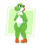 absurd_res angryelanoises anthro blush boots bottomwear bulge clothing digital_drawing_(artwork) digital_media_(artwork) dinosaur footwear green_yoshi half-closed_eyes hi_res looking_at_viewer male mario_bros narrowed_eyes navel nintendo nude reptile scalie simple_background slightly_chubby solo spikes standing thick_thighs underwear wide_hips yoshi 