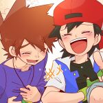  2boys ash_ketchum backwards_hat baseball_cap black_hair black_shirt brown_hair closed_eyes fingerless_gloves gary_oak gloves green_gloves hat jewelry laughing long_sleeves multiple_boys necklace nekonekopunyann open_mouth pokemon pokemon_(anime) pokemon_(classic_anime) purple_shirt red_headwear shirt short_sleeves tears white_background 