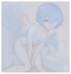  1girl absurdres ayanami_rei bed blue_bra blue_hair bra breasts brown_eyes eyepatch from_above highres looking_at_viewer neon_genesis_evangelion panties short_hair sitting small_breasts solo underwear uni_uni_(uni_manjuu) 