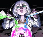  1girl ahoge coat collared_shirt flask glasses green_eyes hair_between_eyes highres holding kagaku_chop lab_coat long_sleeves multicolored_eyes open_clothes open_coat open_mouth pink_eyes pouring purple_eyes shirt short_hair simple_background solo suzuzono_sai test_tube upper_body white_coat white_hair yachima_tana 