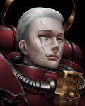  1girl absurdres adepta_sororitas armor blue_eyes commentary english_commentary halo highres mikezeddart pale_eye power_armor red_armor scar scar_across_eye scar_on_cheek scar_on_face scared science_fiction shoulder_armor solo tube warhammer_40k white_hair 