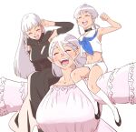  1boy 2girls androgynous bare_shoulders black_choker black_dress braid breasts choker closed_eyes detached_sleeves dress grey_hair hyperinflation jinou_rakugaki large_breasts long_hair long_sleeves luke_(hyperinflation) multiple_girls open_mouth otoko_no_ko pointy_ears short_hair_with_long_locks shorts twin_braids white_hair white_shorts 