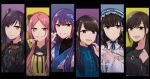  6+girls assault_lily belt black_background black_belt black_bow black_bowtie black_gemstone black_hoodie black_ribbon black_shirt blue_hairband blue_kimono blue_ribbon blue_shirt bow bowtie braid brown_eyes brown_hair brown_shirt butterfly_hair_ornament closed_mouth collared_shirt column_lineup commentary_request crop_top drawstring earrings expressionless finger_to_own_chin fingernails floral_print frilled_shirt frills fukuyama_jeanne_sachie funada_kiito green_eyes grey_background grin hair_ornament hair_ribbon hairband hairpods hand_up heterochromia highres hishida_haru hood hood_down hoodie japanese_clothes jewelry kimono kuroki_francisca_yuria lolita_hairband long_hair long_sleeves looking_at_viewer low_twintails lower_teeth_only medium_hair mole mole_under_eye mole_under_mouth multiple_belts multiple_girls necklace nigari_(ngari_0115) official_alternate_costume open_mouth parted_bangs pendant print_kimono purple_background purple_hair red_eyes red_hair ribbon see-through seto_veronica_ichika shadow shiba_tomoshibi shirt side_braid single_braid sleeves_past_wrists smile teeth twintails two-tone_hoodie upper_body white_shirt yellow_background yellow_eyes yellow_hoodie 