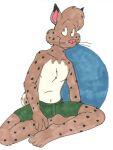  bottomwear clothing felid feline fur male mammal shorts sitting spots spotted_body spotted_fur tabbiewolf tail 