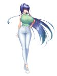  1girl akiyama_rinko aoi_nagisa_(metalder) bare_legs bare_shoulders blue_hair breasts casual curvy fingernails full_body hand_on_own_hip high_ponytail highres huge_breasts lips long_hair ponytail purple_eyes shirt simple_background sleeveless sleeveless_shirt solo standing taimanin_(series) taimanin_rpgx taimanin_yukikaze thighhighs very_long_hair white_background wide_hips 