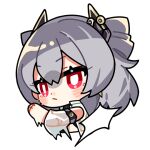  1girl :/ chibi closed_mouth detached_sleeves drill_hair earrings grey_hair honkai_(series) honkai_impact_3rd jewelry looking_at_viewer official_art prometheus_(honkai_impact) red_eyes slapping solo transparent_background upper_body 