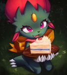  alipse cake cake_slice cherry food fruit grass highres holding holding_tray kneeling looking_at_viewer no_humans open_mouth pokemon pokemon_(creature) solo tray weavile 