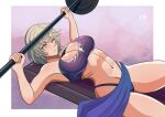  1girl absurdres armpits bare_arms bare_shoulders blue_eyes breasts commentary exercise fire_emblem fire_emblem_engage grey_hair highres ihsnet large_breasts lying merrin_(fire_emblem) midriff navel on_back one_eye_closed short_hair solo sports_bra stomach sweat thighs weightlifting 