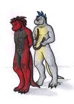  2009 angry anthro belt black_body black_claws black_skin blue_horn brokensoul claws duo eyes_closed furx_(character) grey_body grey_skin hands_behind_back horn lizzard male red_body red_skin signature simple_background standing traditional_media_(artwork) white_background yellow_body yellow_skin 