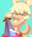  absurd_res anthro blood_on_sword digital_media_(artwork) female fur half_naked hi_res looking_at_viewer made_in_abyss melee_weapon nanachi skalelsky smug_grin solo sword tan_body tan_fur weapon yellow_eyes 