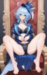  1227846210 1girl absurdres ahoge bare_legs barefoot black_bra black_panties blue_eyes blue_hair blue_headwear blue_jacket blush bra breasts cameltoe cleavage collarbone full_body furina_(genshin_impact) genshin_impact hair_between_eyes highres jacket knees_up legs looking_at_viewer medium_breasts no_shirt open_clothes open_jacket open_mouth panties shadow short_hair sidelocks sitting solo spread_legs thighs toenails toes unbuttoned underwear 