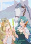  2girls blonde_hair blue_hair bridle butterfly_hair_ornament celine_(fire_emblem) censored censored_food chloe_(fire_emblem) commentary crown dress fire_emblem fire_emblem_engage food green_eyes hair_ornament highres holding holding_food jewelry long_hair looking_at_another mikami multiple_girls necklace pegasus smile very_long_hair wavy_hair 