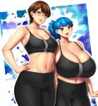  2girls absurdres ayumi_(erkaz) black_bra black_pantyhose blue_hair blush bra breasts brown_eyes brown_hair cowboy_shot erkaz glasses hand_on_own_hip highres huge_breasts looking_at_viewer medium_breasts midriff multiple_girls navel open_mouth original outline pantyhose red_eyes rina_atherina short_hair smile underwear white_outline 