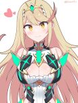  1girl absurdres arms_behind_back bare_shoulders blonde_hair blush breasts chest_jewel cleavage dress earrings headpiece heart highres jewelry large_breasts long_hair looking_at_viewer mythra_(xenoblade) reason3_s smile solo swept_bangs tiara very_long_hair white_background xenoblade_chronicles_(series) xenoblade_chronicles_2 yellow_eyes 