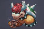  1boy armlet bowser claws cup grey_background hair_down highres holding holding_cup horns male_focus mario_(series) messy_hair red_hair scarvii simple_background solo spiked_armlet spiked_shell twitter_username upper_body 