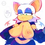  1:1 2023 absurd_res anthro areola armwear bat big_breasts breasts clothed clothing dialogue edalv elbow_gloves english_text eyeshadow female fur gloves green_eyes handwear hi_res makeup mammal narrowed_eyes navel nipples rouge_the_bat sega short_stack simple_background smile solo sonic_the_hedgehog_(series) speech_bubble tan_areola tan_body tan_nipples tan_skin text topless white_body white_fur 