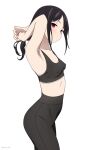  1girl absurdres adjusting_hair armpits black_hair black_pants black_sports_bra breasts closed_mouth collarbone coro_fae covered_nipples cowboy_shot expressionless from_side head_tilt high-waist_pants highres kaguya-sama_wa_kokurasetai_~tensai-tachi_no_renai_zunousen~ leggings light_blush long_hair looking_at_viewer midriff paid_reward_available pants red_eyes shinomiya_kaguya sidelocks simple_background small_breasts solo sports_bra sportswear twitter_username white_background 