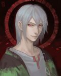  1boy cloak devil_survivor driftwoodwolf green_cloak grey_hair grey_shirt looking_at_viewer male_focus naoya_(devil_survivor) red_eyes shirt smile solo upper_body 