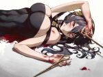  1girl arm_up bare_shoulders black_dress black_hair blood blood_on_face blood_on_hands breasts cozyu dress hair_ornament highres knife large_breasts long_hair lying on_back parted_lips red_eyes solo spy_x_family yor_briar 