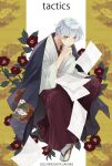  1boy 2022 albino artist_name asa_no_ha_(pattern) copyright_name flower flying_paper hakama haori ichinomiya_kantarou japanese_clothes kinoshita_sakura male_focus official_art paper red_eyes red_flower short_hair solo tabi tactics white_hair 